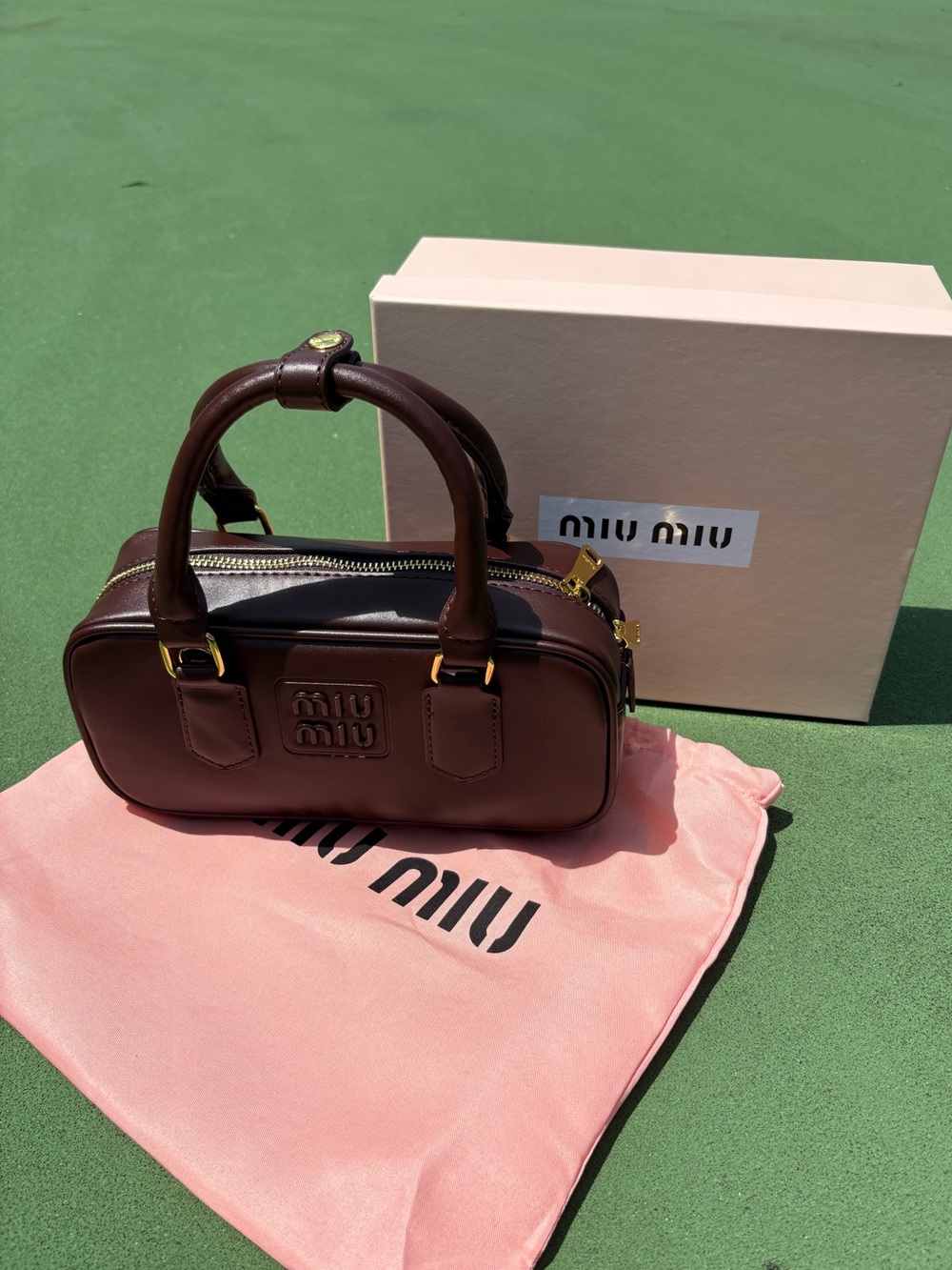 Miu Miu Dark Brown Chocolate Leather Bowling Bag with Gold Hardware